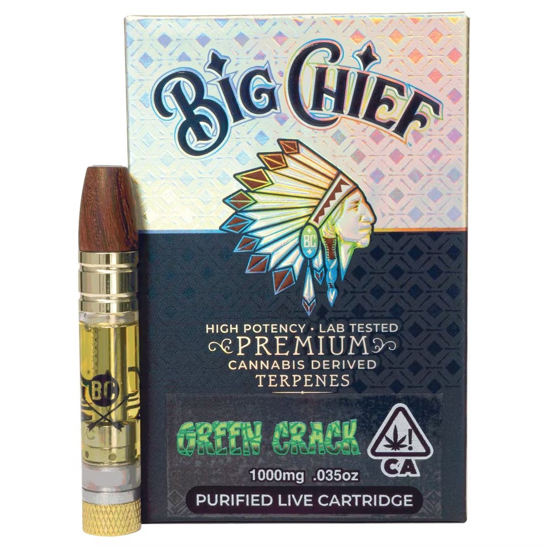 BIG CHIEF GREEN CRACK, green crack thc level, green crack strain terpenes, crack cart, greeen crack, green crack vape, green crack terpenes